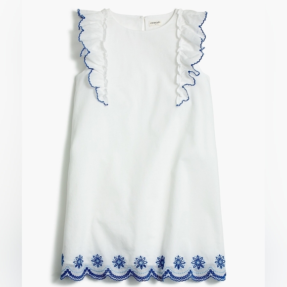 J. Crew Other - New! Crewcuts Sz 8 Girls White Scalloped Hem Blue Embroidered Shift Dress